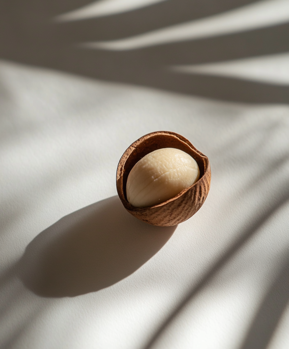 Halbierte Macadamianuss mit hellem Kern auf weißem Untergrund im natürlichen Licht.